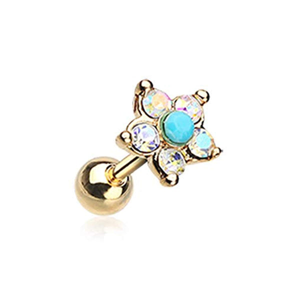 Golden Starburst Turquoise Sparkle Flower WildKlass Cartilage Tragus Earring-WildKlass Jewelry