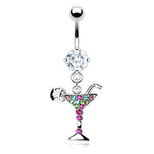 Martini Multi Color Gemmed Glass Dangle with 316L Prong Set Gem Navel (Sold by Piece)-WildKlass Jewelry