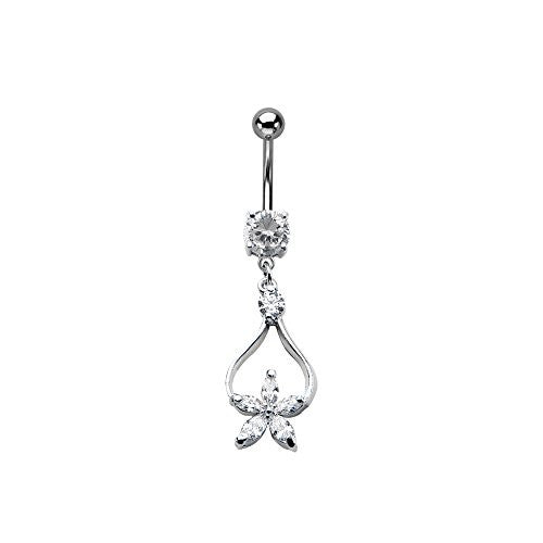 WildKlass Navel with clear CZ flower dangle charm 14g 3/8-WildKlass Jewelry