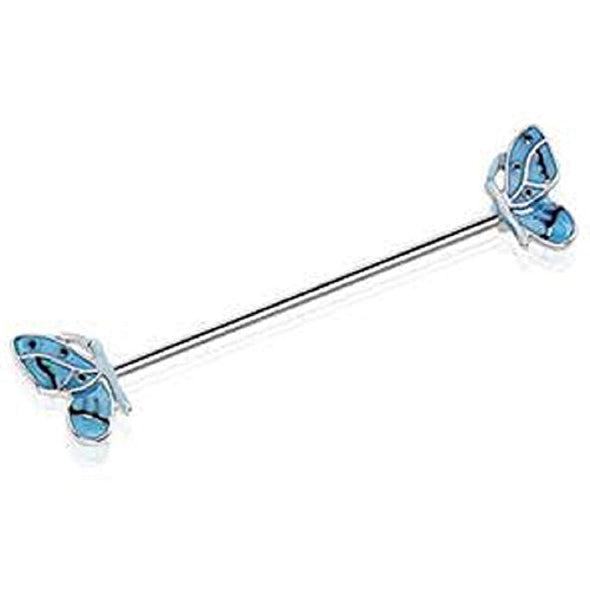 316L Stainless Steel Double Blue Butterfly WildKlass Industrial Barbell-WildKlass Jewelry