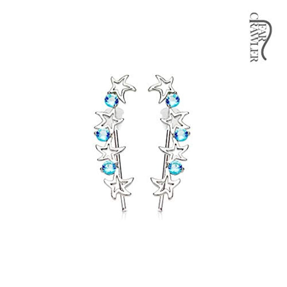 Pair of Round CZs and Hollow Stars WildKlass Ear Crawler/Ear Climber-WildKlass Jewelry