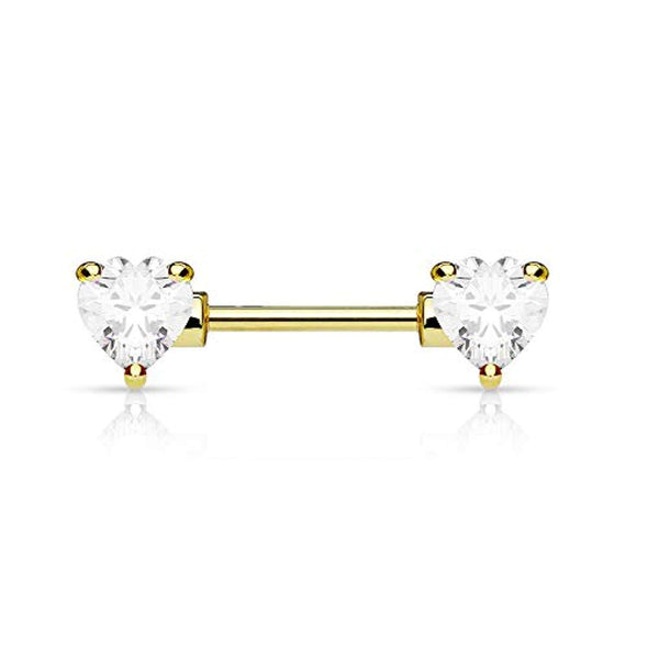 WildKlass Double Front Facing Heart CZ Prong Set 316L Surgical Steel Nipple Bar-WildKlass Jewelry