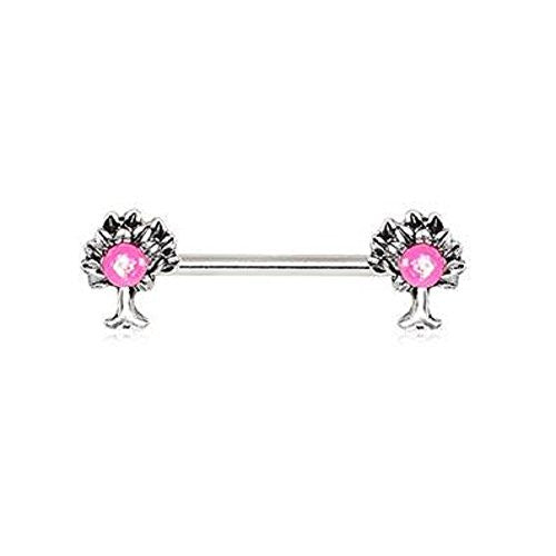 316L Stainless Steel Pink Synthetic Opal Tree of Life WildKlass Nipple Bar-WildKlass Jewelry