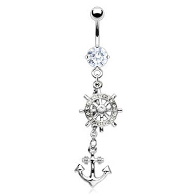 Ship's Wheel Gem Paved and Anchor Dangle with 316L Surgical Steel Navel (Sold by Piece)-WildKlass Jewelry