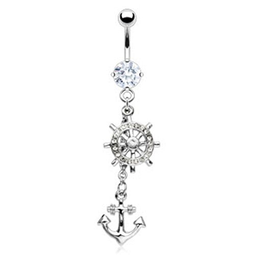 Ship's Wheel Gem Paved and Anchor Dangle with 316L Surgical Steel Navel (Sold by Piece)-WildKlass Jewelry