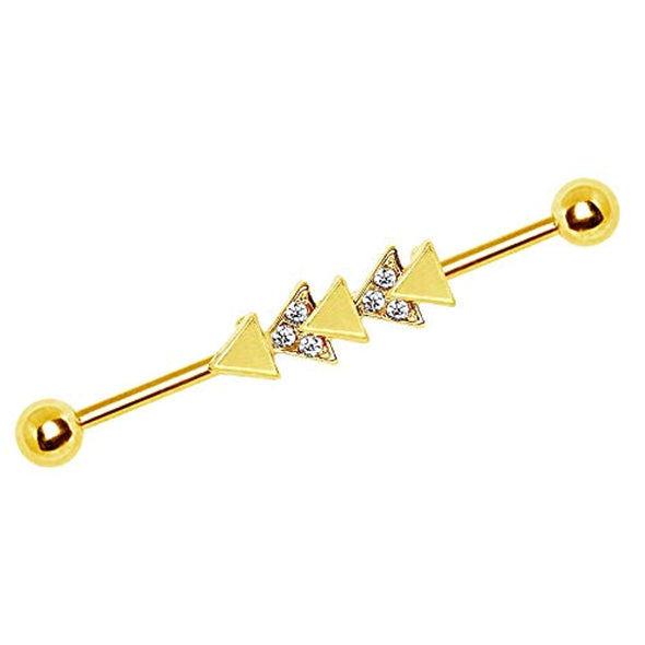 Yellow Gold Plated Jeweled Triangle Industrial Barbell-WildKlass Jewelry
