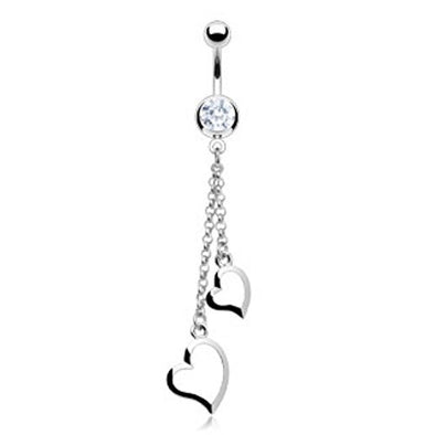 Two Heart Chain Dangle with 316L Surgical Steel CZ Belly WildKlass Ring (Sold by Piece)-WildKlass Jewelry