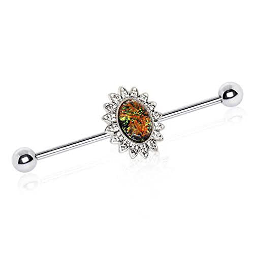 316L Stainless Steel WildKlass Industrial Barbell with Glass Stone Flower-WildKlass Jewelry