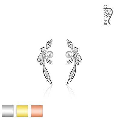 Pair of Paved CZ and Pearl Feather Prepacked WildKlass Ear Crawler/Ear Climber-WildKlass Jewelry