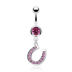 Lucky WildKlass Horse Shoe Multi Gem Paved Dangle 316L Press Fit Navel (Sold by Piece)-WildKlass Jewelry
