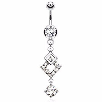 Two Overlapped Squares with Round CZ Dangle 316L Surgical Steel WildKlass Navel Ring (Sold by Piece)-WildKlass Jewelry