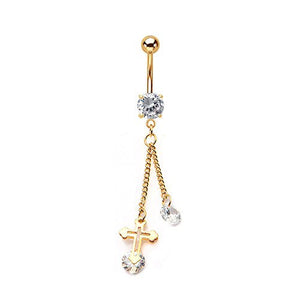 Gold PVD Plated WildKlass Belly Ring with Clear Gem Gold Cross Dangle Charm (14g 3/8 ")-WildKlass Jewelry