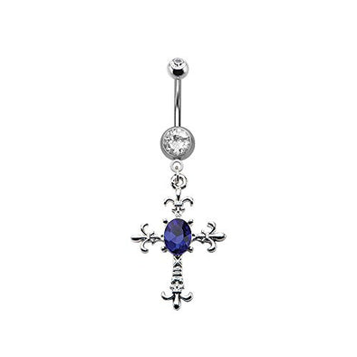 WildKlass Navel with blue CZ cross dangle charm 14g 3/8-WildKlass Jewelry
