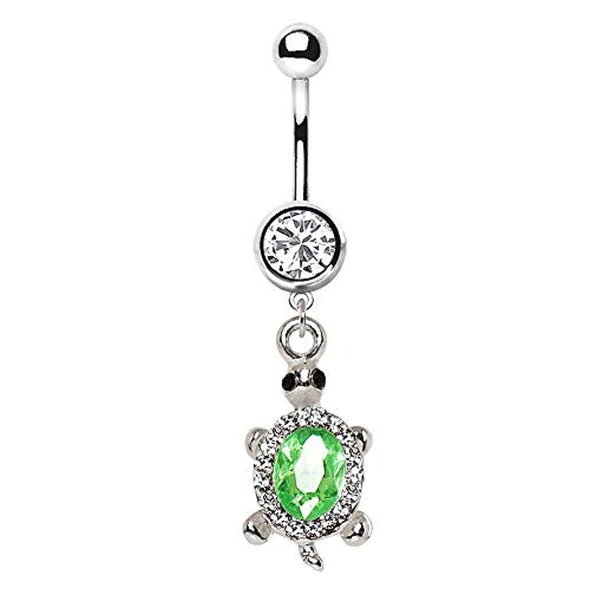 WildKlass 316L Stainless Steel Dazzling Green Turtle Dangle Navel Ring-WildKlass Jewelry