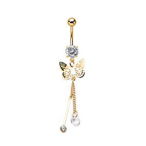 Gold PVD Plated WildKlass Belly Ring with clear gem gold butterfly dangle charm (14g 3/8")-WildKlass Jewelry