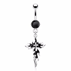 Black Flaming Cross WildKlass Navel Ring Jet CZ (Sold by Piece)-WildKlass Jewelry
