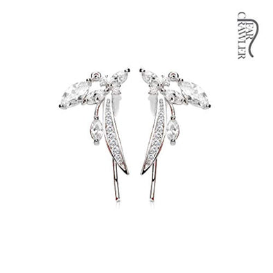 Pair of CZ Paved Feather and Marquise CZ Dangle Prepacked WildKlass Ear Crawler/Ear Climber-WildKlass Jewelry