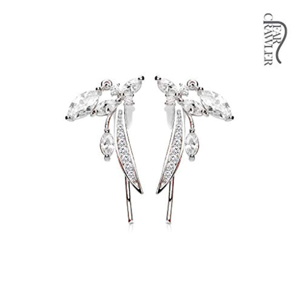 Pair of CZ Paved Feather and Marquise CZ Dangle Prepacked WildKlass Ear Crawler/Ear Climber-WildKlass Jewelry