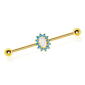 Gold Plated Halo White Synthetic Opal WildKlass Industrial Barbell-WildKlass Jewelry