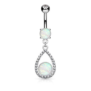 Opal Glitter Center Crystal Paved Tear Drop Dangle Surgical Steel WildKlass Belly Button Navel Rings-WildKlass Jewelry