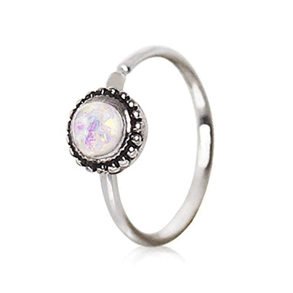 WildKlass 316L Stainless Steel White Synthetic Opal Ornate Cartilage Hoop Earring-WildKlass Jewelry