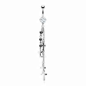 Multi Cross + Hematite Bead Dangle WildKlass Navel Ring CZ (Sold by Piece)-WildKlass Jewelry