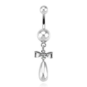 Pearl Coated WildKlass Navel Ring Gemmed Bow + Fresh Water Pearl Dangle (Sold by Piece)-WildKlass Jewelry