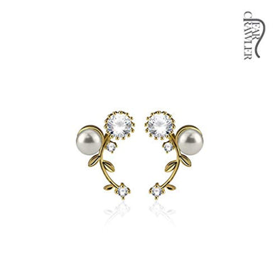 Pair of CZ and Pearl Set Vines Prepacked WildKlass Ear Crawler/Ear Climber-WildKlass Jewelry