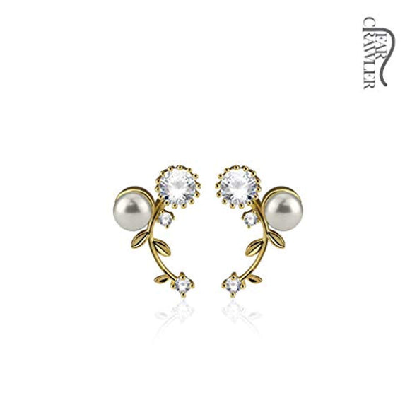 Pair of CZ and Pearl Set Vines Prepacked WildKlass Ear Crawler/Ear Climber-WildKlass Jewelry