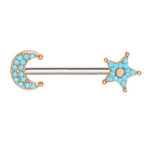 Rose Gold Plated Turquoise Bead Moon & Star WildKlass Nipple Bar-WildKlass Jewelry