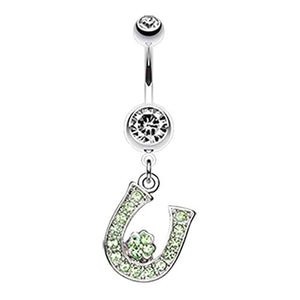 Jeweled Four Leaf Clover on Horseshoe WildKlass Belly Button Ring-WildKlass Jewelry
