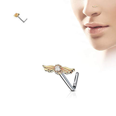 WildKlass Round CZ with Angel Wings Surgical Steel L Bend Nose Stud Rings-WildKlass Jewelry