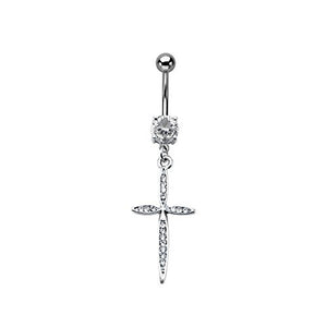 Clear CZ Leaf Cross WildKlass Dangle Charm Belly Ring (14g 3/8")-WildKlass Jewelry