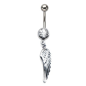 Clear Gem Wing Dangle Charm WildKlass Belly Ring. (14g 7/16s")-WildKlass Jewelry
