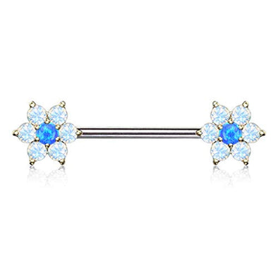 WildKlass Opalite Petals with Opal Center Flowers on Both Ends 316L Surgical Steel Barbell Nipple Rings-WildKlass Jewelry