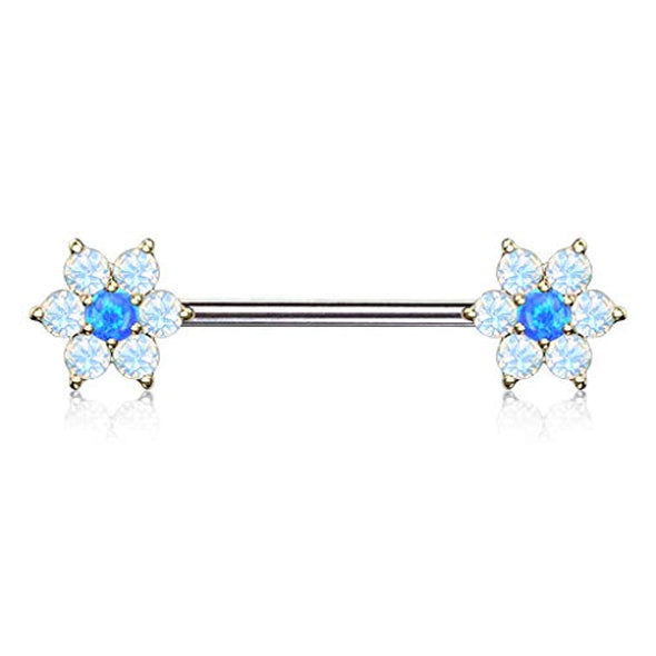 WildKlass Opalite Petals with Opal Center Flowers on Both Ends 316L Surgical Steel Barbell Nipple Rings-WildKlass Jewelry