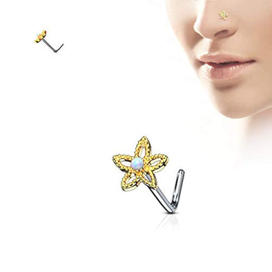 WildKlass Flower Contour Dome Opal Center 316L Surgical Steel L Bend Nose Stud Rings-WildKlass Jewelry