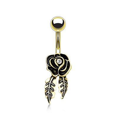 Gemmed Rose with Leaflets Non-Dangle WildKlass Navel Ring-WildKlass Jewelry