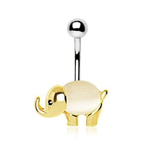 Gold Plated White Cat's Eye Stone Elephant WildKlass Navel Ring-WildKlass Jewelry
