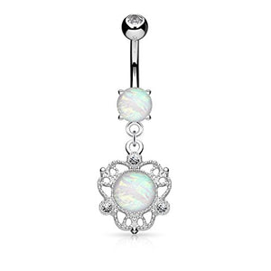Opal Glitter Center Flower Filigree Dangle Surgical Steel WildKlass Belly Button Navel Rings-WildKlass Jewelry