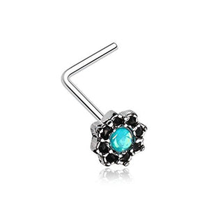 Lotus Opal Sparkle Filigree Icon L Shaped Nose Stud Ring 316L Surigcal Steel-WildKlass Jewelry