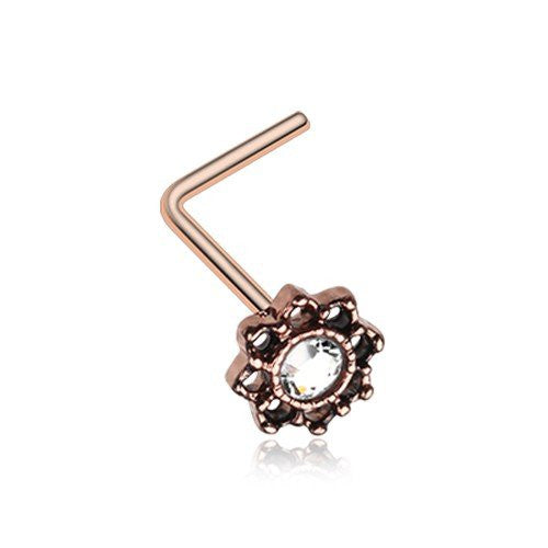 Rose Gold Lotus Filigree Sparkle Icon L-Shaped Nose Ring 316L Surgical Steel-WildKlass Jewelry