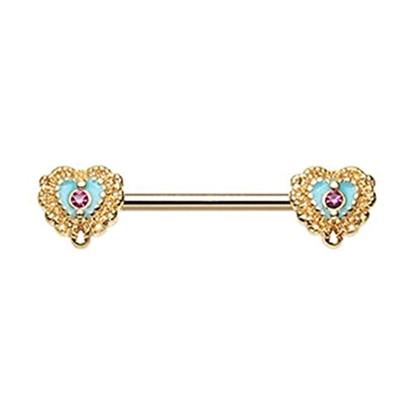 Golden Victorian Filigree Heart WildKlass Nipple Barbell Ring-WildKlass Jewelry