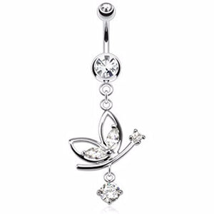 Butterfly WildKlass Navel Ring Round CZ Dangle 316L Surgical Steel (Sold by Piece)-WildKlass Jewelry