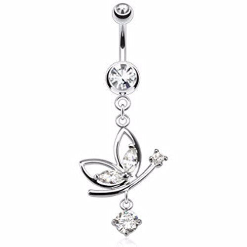 Butterfly WildKlass Navel Ring Round CZ Dangle 316L Surgical Steel (Sold by Piece)-WildKlass Jewelry