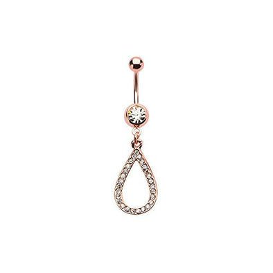 WildKlass Rose Gold Belly Ring with Clear Gem in Open Tear Drop Dangle 14g 7/16-WildKlass Jewelry