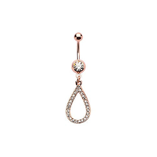 WildKlass Rose Gold Belly Ring with Clear Gem in Open Tear Drop Dangle 14g 7/16-WildKlass Jewelry