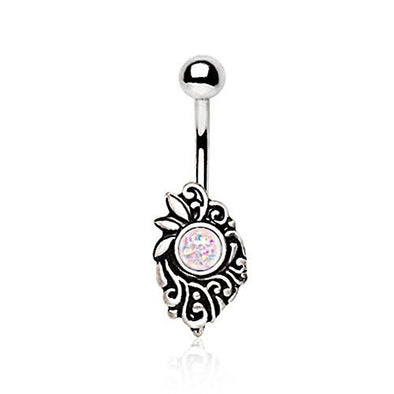 316L Stainless Steel Victorian Vine WildKlass Navel Ring with Synthetic Opal-WildKlass Jewelry