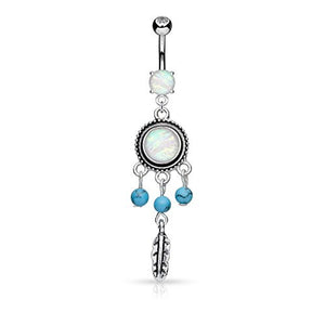 Opal Glitter Center with Turquoise Beads Dream Cathcher Dangle Surgical Steel WildKlass Belly Button Navel Rings-WildKlass Jewelry