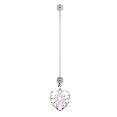 PTFE White Synthetic Opal Heart Dangle WildKlass Pregnancy Navel Ring-WildKlass Jewelry